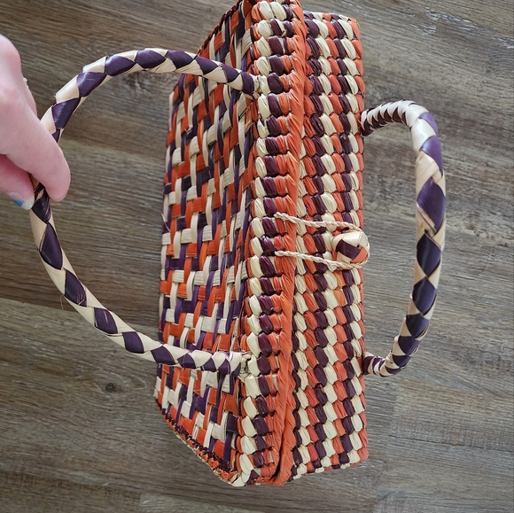 Handwoven Basket Handbag Orange Purple Cream - Picture 3 of 10